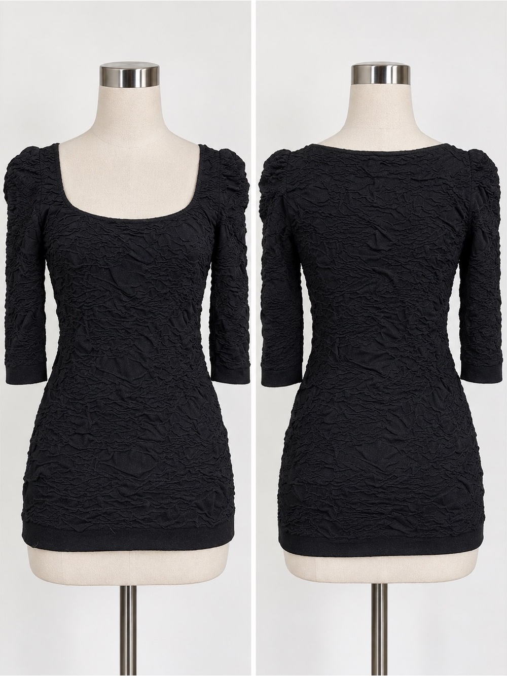 Scala Black Textured Ruched Long Sleeve Top — NWT